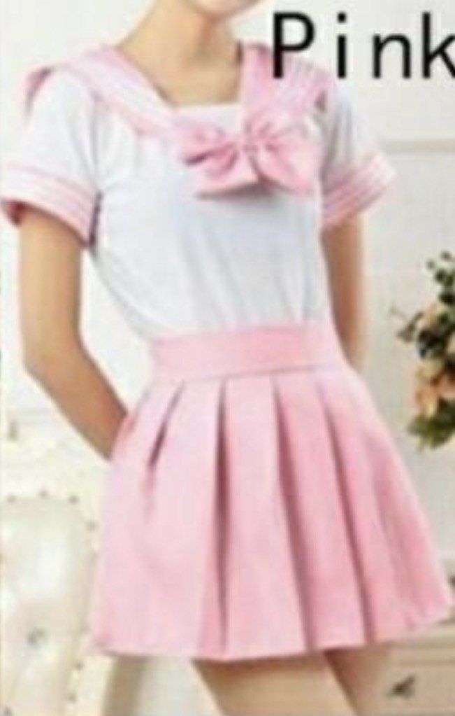 Sailor Uniform Japan High School Girl Cosplay Pink Femboy Anime Look Kawaii (Category: J-Wave Merchandise) located in Singapore. Submitted by spoingus (Listing ID 1455601450, Image 2). Description: - Size S/M - Cute pink sailor uniform set, perfect for cosplay or anime-inspired looks. - Features a white top with pink sailor collar and matching pink bow. - Comes with a pleated pink skirt. - Please refer to the provided size chart for accurate meas
