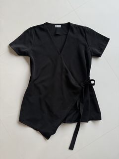 Vera Asymmetric Black Wrap Tie Short Sleeve Top