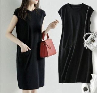 Ladies Simple Sleeveless Dress (Black) - Size M