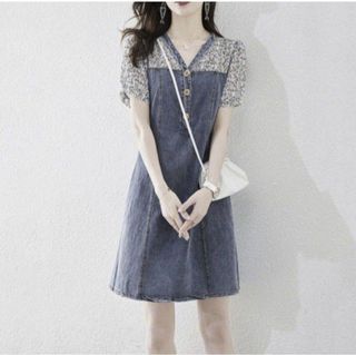 Women Elegant Denim/Floral Chiffon Dress - Size M