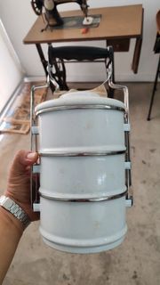 Vintage Enamel Food Carrier with Metal Rack