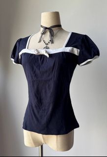 vintage japanese fashion acubi horror game protagonist navy blue dark black white coquette bow blouse top shirt puff sleeves ✶ BUYBEIGE curated vtg thrift