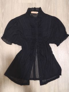 Vintage Sense Black Ruffled Sheer Short Sleeve Blouse