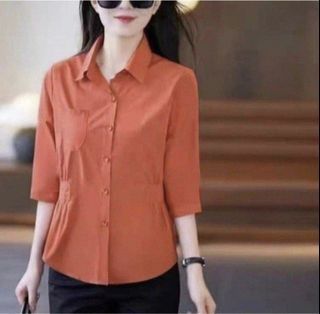 Chiffon Orange Red Collar Blouse Work Blouse - Size XL