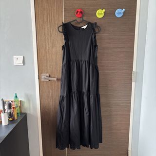 H&M Black Tiered Cotton Maxi Dress with Broderie Hem Flutter sleeves