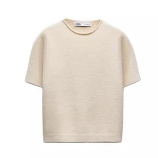 Ladies Beige Knit Short sleeve Shirt - Size L