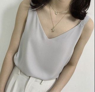 Women Chiffon Sleeveless Blouse Top (Light Gray) - Size L