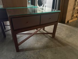2 Units - Wooden Table with Glass Top and Two Drawers
