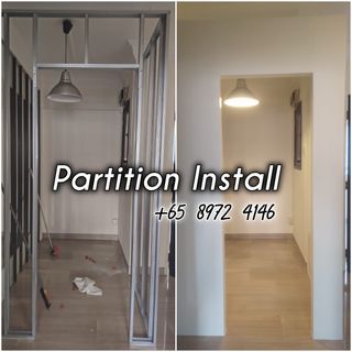 Partition wall install, access panel install, glass panel install, door install,partition shelves, arch wall, rock wool partition, room making, window install, gypsum install, false ceiling, L Boxup,tracking,acrylic panel,plywood install,corner bits,paint