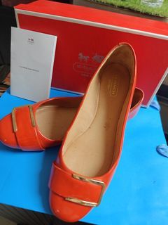 Coach Orange Patent Leather Ballet Flats with Gold Buckle
