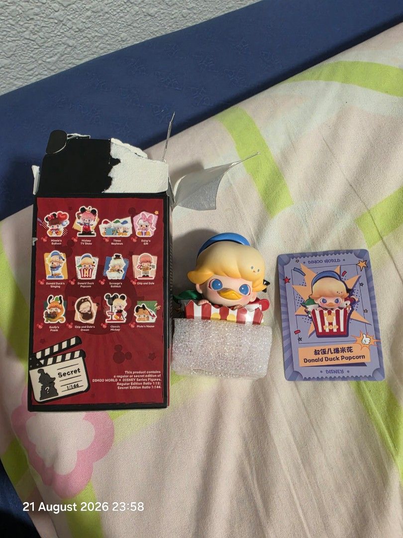 Disney Pop Mart Donald Duck Popcorn Blind Box Figure (Category: Designer & Blind Box Toys) located in Singapore. Submitted by yuko26 (Listing ID 1456930525, Image 1). Description: - Pop Mart Donald Duck Blind Box Figure - Specific character: Chip and Dale - Includes original box and card - Box opened, but figure remains in protective packaging - Ideal for Disney collectors pm me 9656923one. Trade-in only for chip and dale. .