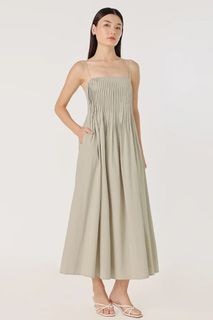 LOVET Shamaine Padded Linen Pintuck Midaxi Dress in Green