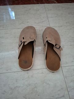 Beige Suede Clogs with Buckle Detail