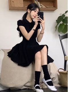 Black Polo Short Sleeve A-Line Mini Dress