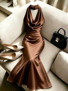 Franclia Summer Elegant Solid Color Halter Neck Waist-Cinched Mermaid Hem Dress Brown Satin Halter Neck Mermaid Dress