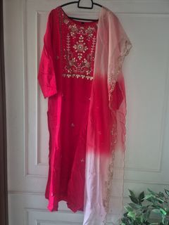 Red Embroidered Kurta Set with Ombre Dupatta