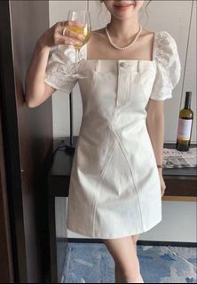 White Square Neck Puff Sleeve Mini Dress