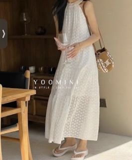 YOOMINI White Polka Dot Halter Neck Midi Dress