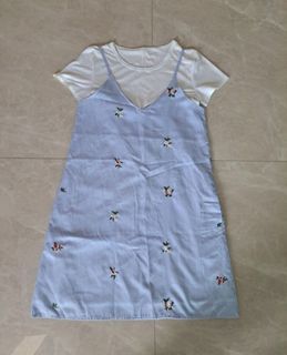 Blue Striped Embroidered Pinafore Dress with White T-shirt