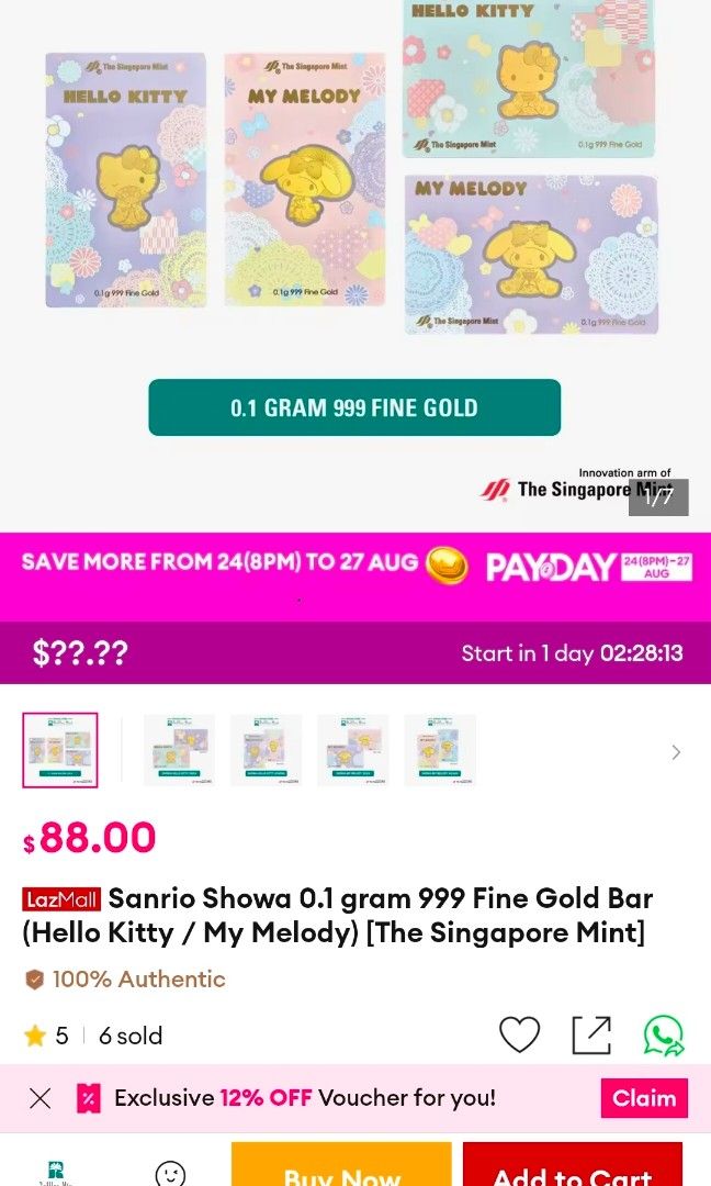 My Melody showa 0.1 gram fine gold bar (Category: Character Goods) located in Singapore. Submitted by lovetoshop_foodaccessories (Listing ID 1457235315, Image 5). Description: brand new in box perfect as gift or for collection rtp at $88.