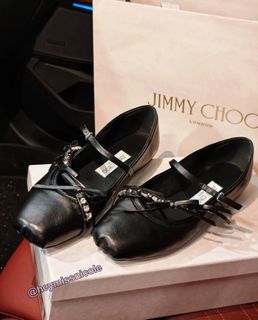 Jimmy Choo Loli Ballerina Leather Satin Square Toe Buckle Ballet Flats Mary Jane Shoes Black