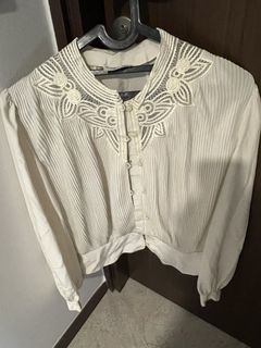 Vintage Cream Lace Collar Pleated Blouse