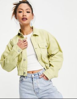 Waven Nina Cropped Oversized Denim Jacket in Lime Green New Khaki