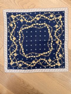 Vintage Fendi Silk Scarf Navy Blue Gold Chain Print