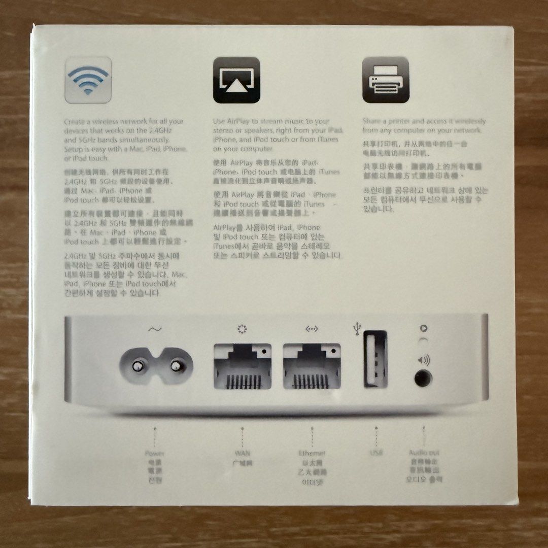 Apple AirPort Express 802.11n Wi-Fi Base Station (Category: Networking) located in Singapore. Submitted by wlshr (Listing ID 1457773972, Image 2). Description: - Apple AirPort Express 802.11n Wi-Fi - Create a wireless network for all your devices - Stream music wirelessly to speakers, stereo, iPad, iPhone, iPod touch - Share a printer and access it wirelessly - Includes AirPort Express, power adapter, and original box.