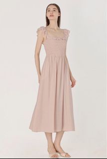 Lovet Alice Padded Square Neck Smocked Ruffle Maxi Dress (Pink) *BFF*