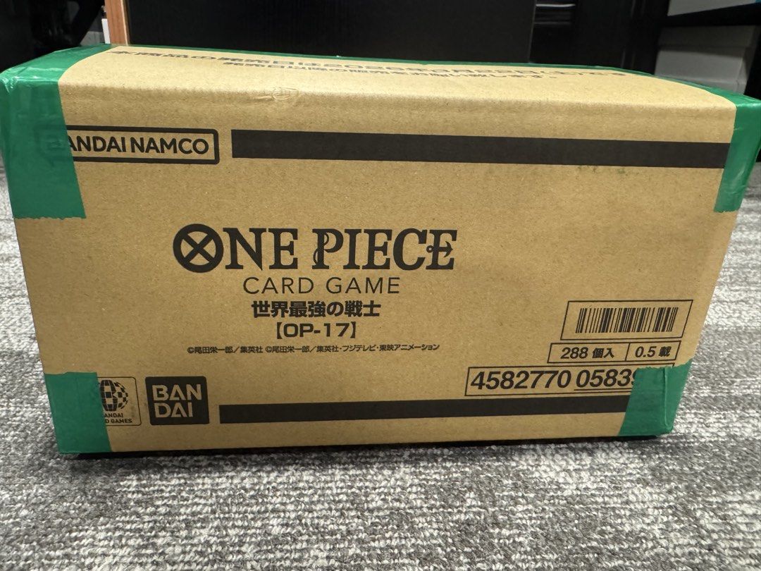 One Piece OP-17 Case Japanese Sealed (Category: Card Boxes & Cases) located in Singapore. Submitted by lsm19 (Listing ID 1457750586, Image 1). Description: - Sealed Master Case: One Piece Card Game OP-17 '500 Years in the Future' - Condition: Factory sealed, original shipping box unopened with all tape intact - Open to negotiation to take the full case - Self collection in woodlands or Lalamove at own expense .