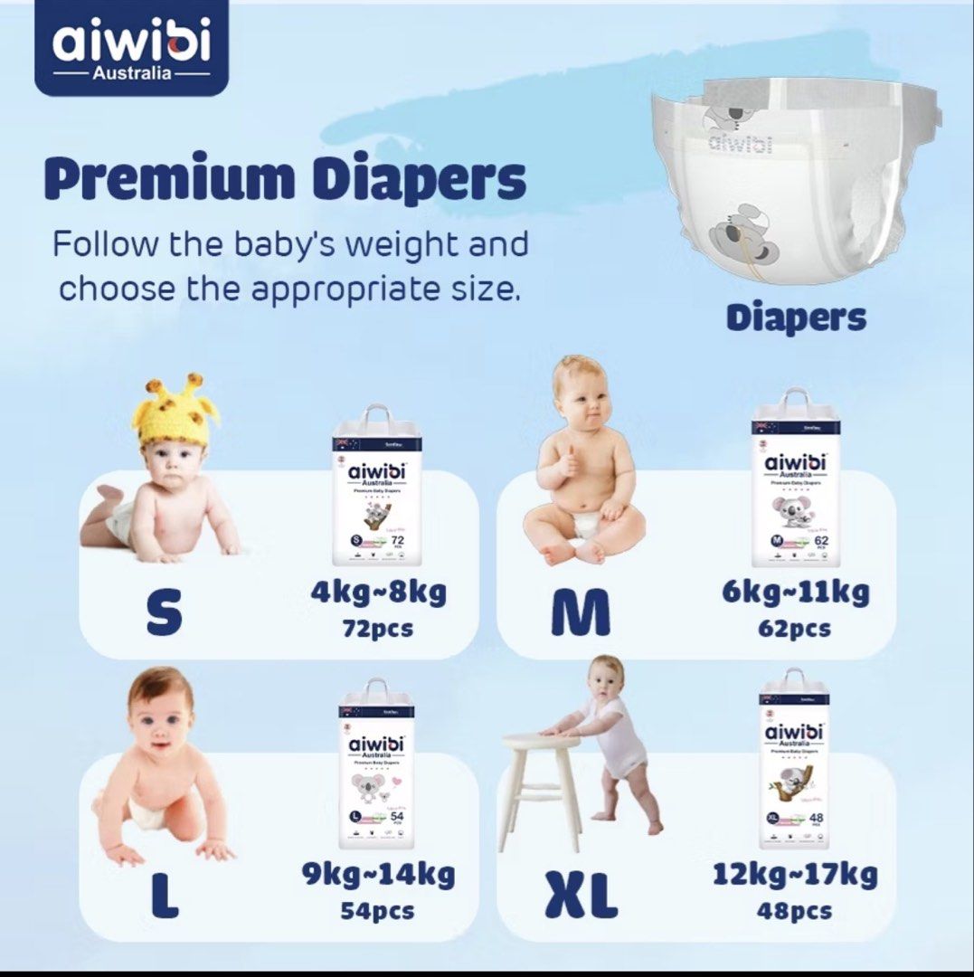 Aiwibi Australia Premium Baby Taped Diapers - Size S (Category: Diapers & Baby Wipes) located in Singapore. Submitted by airtheleen (Listing ID 1457980552, Image 2). Description: - Premium Aiwibi Australia baby diapers - Designed for softness and comfort - Refer to weight guide for perfect sizing - Bought from official Aiwibi store on shoppee - With discount, it’s 13.80 per pack. Selling for $13 per pack, equiv to 18cents per piece! Quality produ