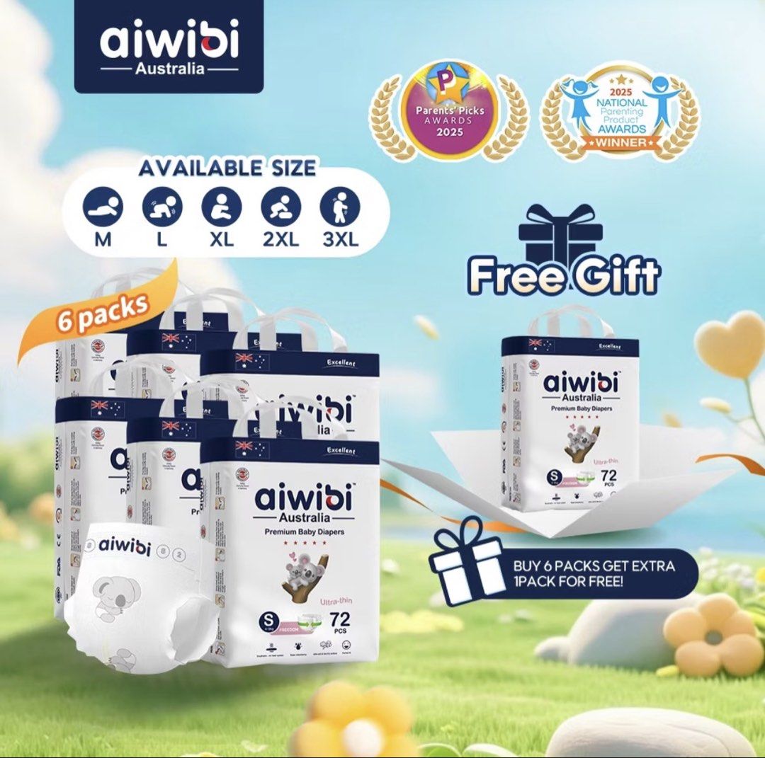 Aiwibi Australia Premium Baby Taped Diapers - Size S (Category: Diapers & Baby Wipes) located in Singapore. Submitted by airtheleen (Listing ID 1457980552, Image 1). Description: - Premium Aiwibi Australia baby diapers - Designed for softness and comfort - Refer to weight guide for perfect sizing - Bought from official Aiwibi store on shoppee - With discount, it’s 13.80 per pack. Selling for $13 per pack, equiv to 18cents per piece! Quality produ