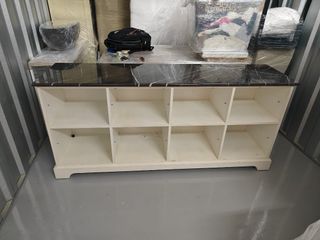 Large White Solid Wooden Shoe Cabinet W/O Black Marble Top 16 Compartments