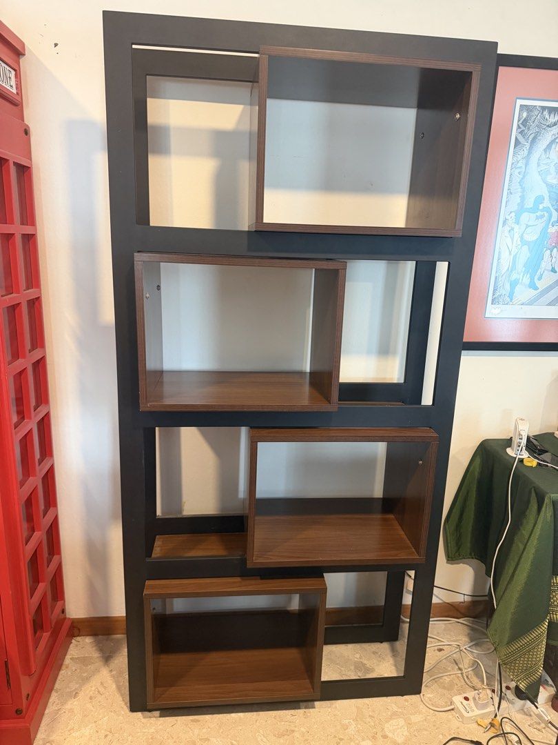 Mid century Modern Black metal and Walnut wood open Cube Bookshelf (Category: Shelves, Cabinets & Racks) located in Singapore. Submitted by vshern (Listing ID 1457961894, Image 2). Description: Pickup from duku road Excellent condition with no issues or breakage or warping Well maintained and cleaned Very sleek and elegant 35 x 90 x 185 cm Moving house sale Open to offers If its not reserved, its available Make an offer to reserve if so.