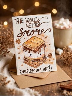 ORIGINAL PAINTED Watercolor "The World Needs S'more Couples Like Us!!" Cute Kawaii S'more Greeting Card with Rhinestones - PRETTY & VERSATILE FOR ALL OCCASIONS