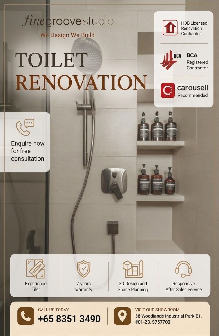 Toilet Revamp / Toilet Renovation / Bathroom Tiles Overlay / Kitchen Tiles Overlay / HDB,BTO toilet package / Toilet Makeover (Category: Toilet Renovation) located in Singapore. Submitted by finegroove.renovation (Listing ID 1278820024, Image 1). Description: We Design. We Build. HDB-registered renovation firm providing personalized renovation services with an experienced in-house team. ✅ BCA Registered ✅ HDB Registered ✅ No GST ✅ Transparent Pri