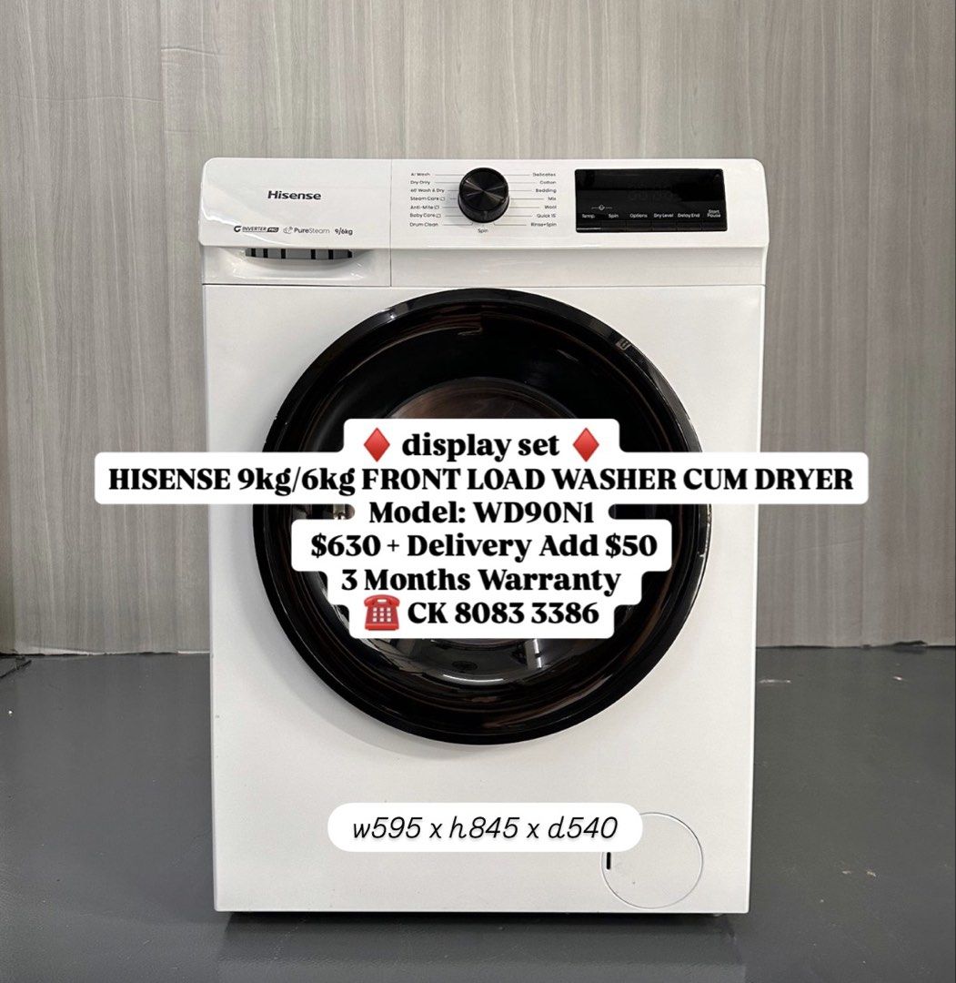 ♦️ HISENSE 9kg/6kg FRONT LOAD WASHER CUM DRYER Model: WD90N1 | display set (new not used) washing machine 2 in 1 white ☎️ CK 8083 3386 (Category: Washing Machines and Dryers) located in Singapore. Submitted by dazzlemoments (Listing ID 1458138764, Image 1). Description: ♦️ display set ♦️ HISENSE 9kg/6kg FRONT LOAD WASHER CUM DRYER Model: WD90N1 $630 + Delivery Add $50 3 Months Warranty ☎️ CK 8083 3386 👉🏻View more here : carousell.sg/u/dazzlemom