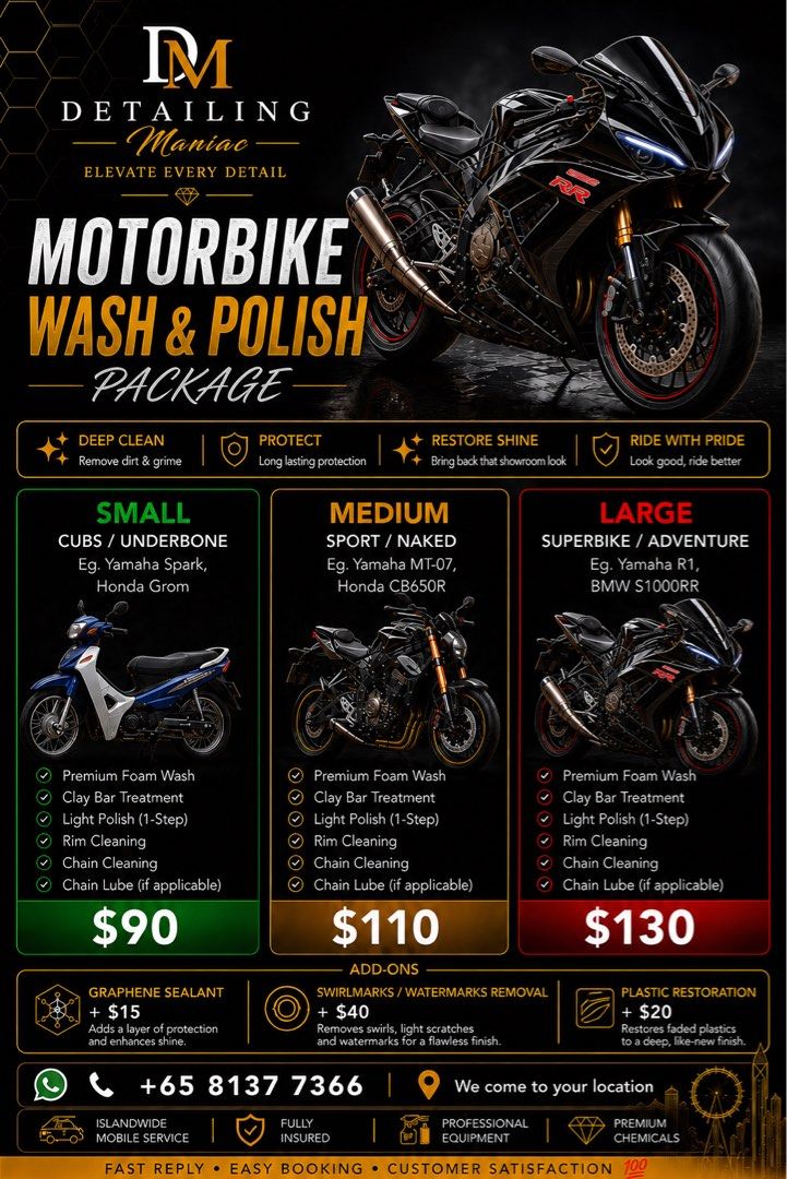 🏍️⭐️ Mobile Bike Wash & Polish | Bike Detailing | Mobile Bike Wash | Mobile Detailing | Bike Polishing (Category: Detailing & Protection) located in Singapore. Submitted by detailingmanic (Listing ID 1458255271, Image 2). Description: 🏍️ Motorbike Wash & Polish Package – Islandwide Mobile Service Give your motorcycle the care it deserves with our professional Wash & Polish Package. Whether you ride a cub, naked bike, superbike or adventure bike