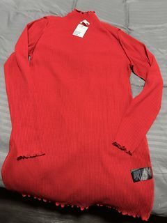 H&M Red Ribbed Mock Neck Lettuce Hem Dress