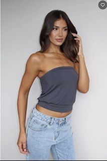 White Fox Boutique Don't Talk Cinched Waist Strapless Top in Charcoal 