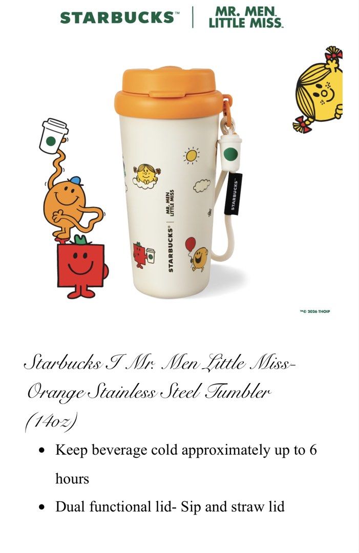 Authentic Starbucks Malaysia mr men little miss orange stainless steel tumbler (Category: Water Bottles & Tumblers) located in Singapore. Submitted by bxs (Listing ID 1458467915, Image 1). Description: .