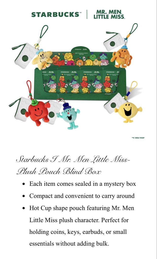 Authentic Starbucks Malaysia mr men little miss plush pouch blind box (Category: Purses & Pouches) located in Singapore. Submitted by bxs (Listing ID 1458468357, Image 1). Description: $42 each .