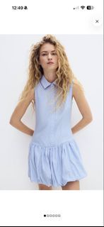 Blue Striped Sleeveless Shirt Dress with Bubble Hem