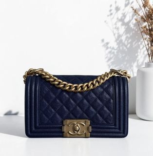 Chanel Boy Small - Caviar 20CM Quilted Dark Blue Gold Hardware Series 26