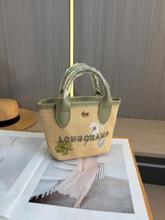 Longchamp Le Pliage XS Mini Straw Tote Bag Beige‑Green Embroidery Woven Crossbody Handbag