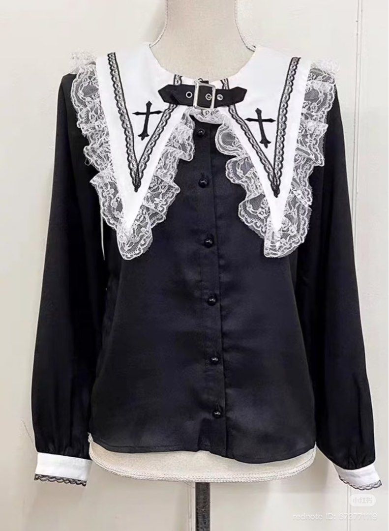MARS Jirai Kei Black Gothic Lolita Blouse with White Lace Collar and Crosses (Category: Blouses) located in Singapore. Submitted by honksx3 (Listing ID 1458360161, Image 1). Description: - Authentic. Bought in Japan MA*RS official store. Retail price $60 - Black long-sleeved blouse - Large white Peter Pan collar with black lace trim and cross embroidery - Black buckle strap detail at the neck - White cuffs with lace trim - Button-up front with bl