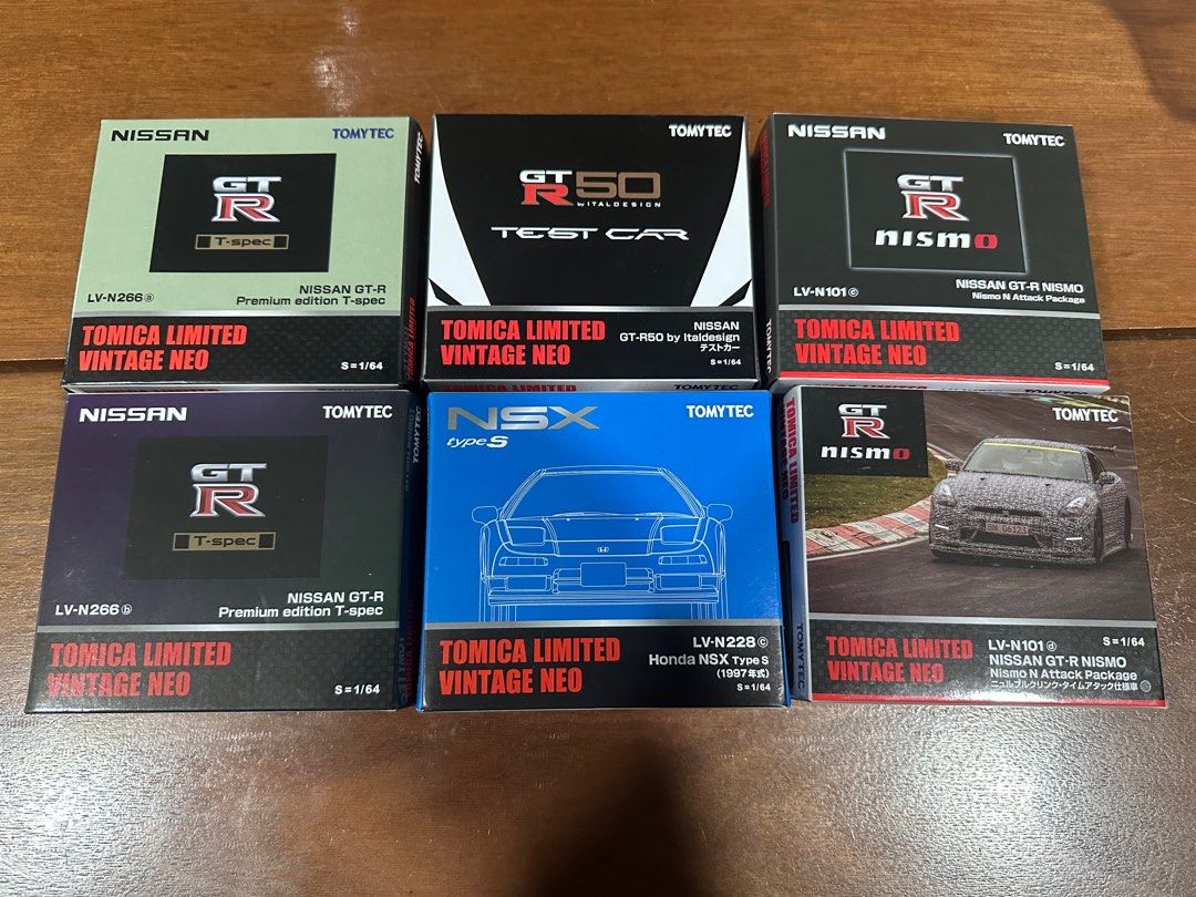Tomica Limited Vintage Neo models Part 1 (see listings from $40 onwards) (Category: Vehicle & Diecast Models) located in Singapore. Submitted by gohsebas (Listing ID 1458496573, Image 1). Description: Brand new in box Fixed price self collect only Price list LV-N228 NSX $40 LV-N266a and LV-N266b T-spec $80 each LV-N101c Nissan GT-R NISMO $100 LVN101d Nissan GT-R NISMO $120 Nissan GT-R50 Test car (white) - $90.
