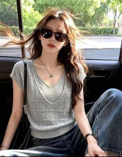 Grey Knit Vest with Lace Detail