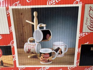 Coca-Cola Retro Mugs Set with Wooden Holder